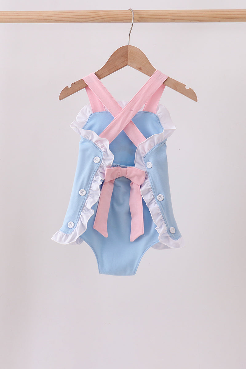 Blue Pencil Bow Embroidery Ruffle Bubble