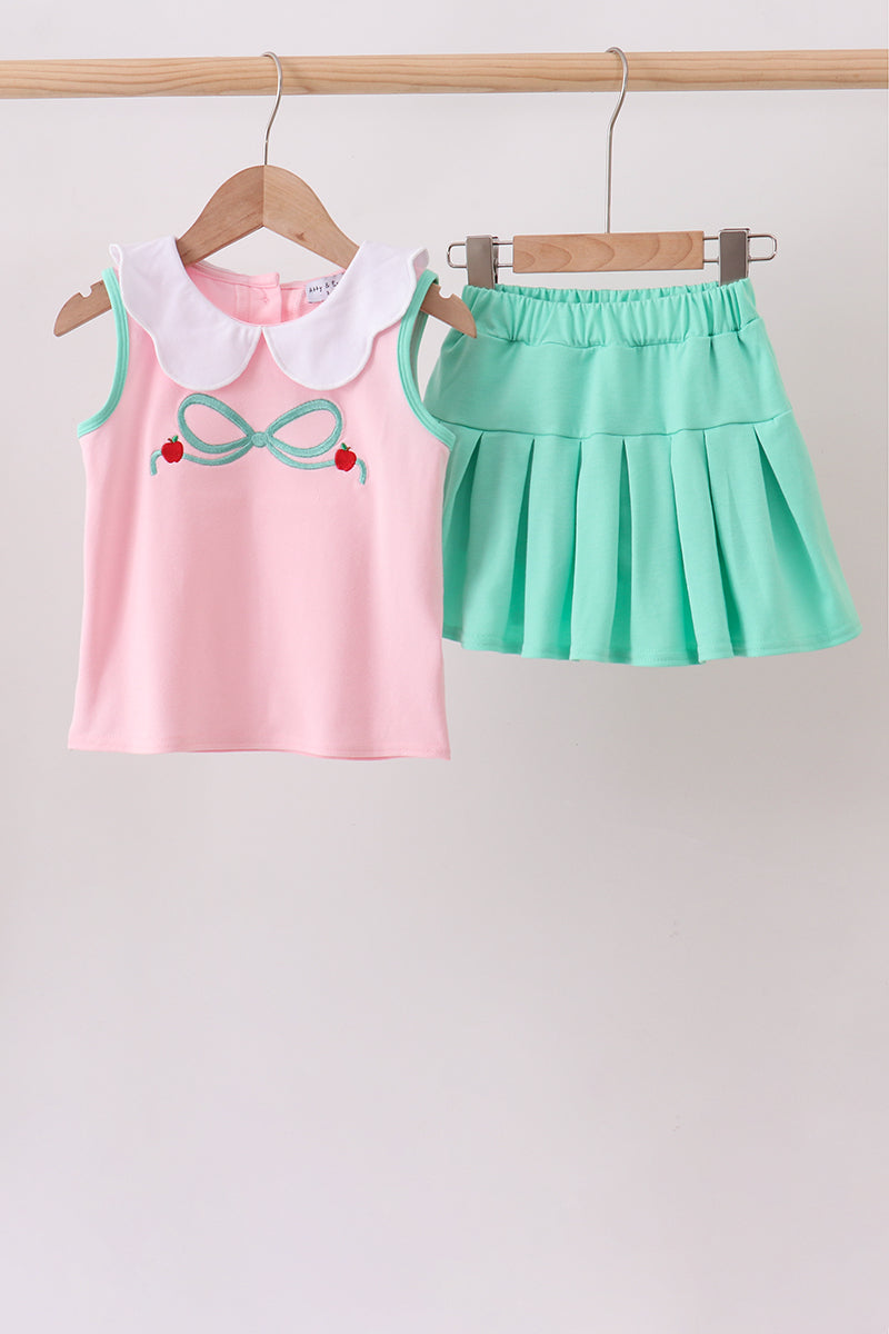 Pink Apple Bow Embroidery Skorts Set