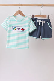 Blue Stripe Under The Sea Embroidered Set