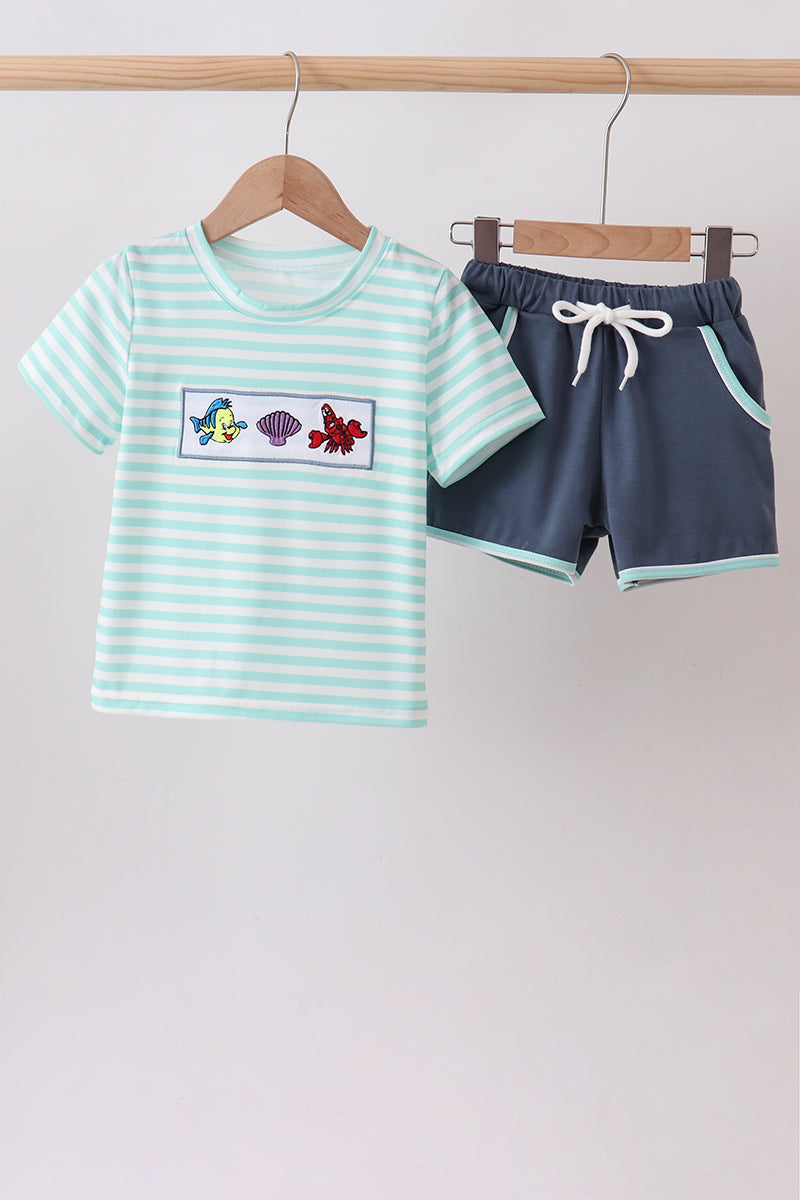 Blue Stripe Under The Sea Embroidered Set