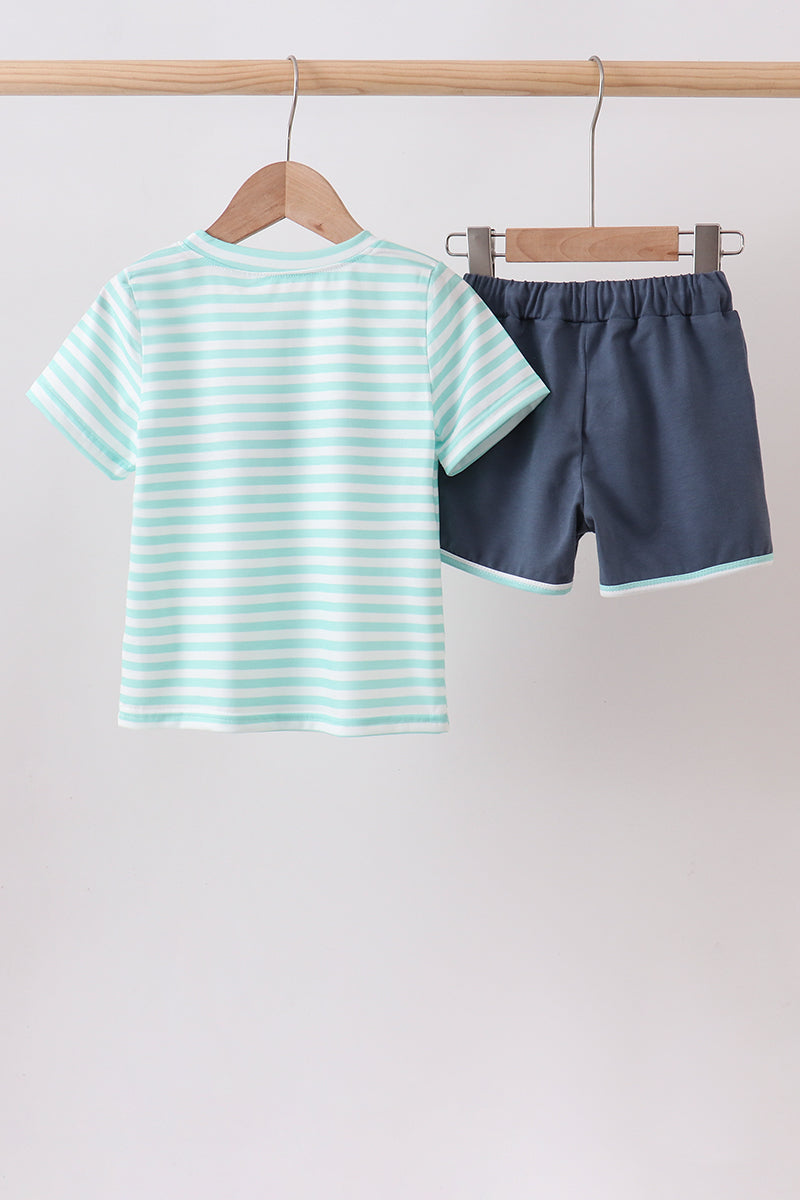 Blue Stripe Under The Sea Embroidered Set