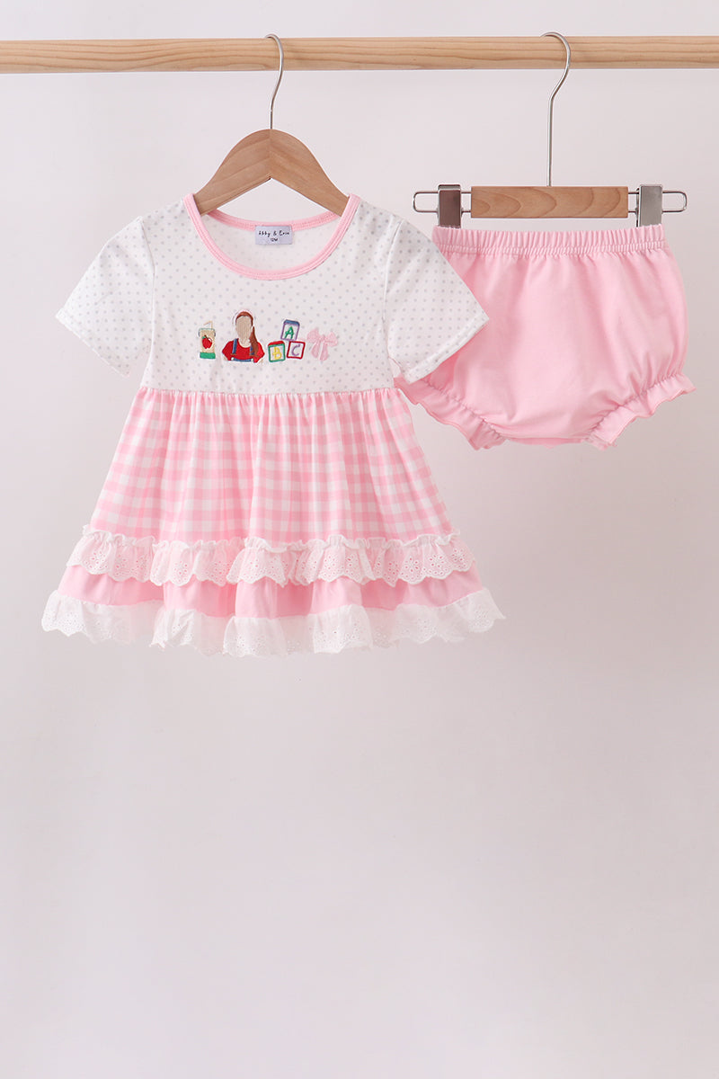 Pink Pencil Abc Embroidery Gingham Bloomer Set