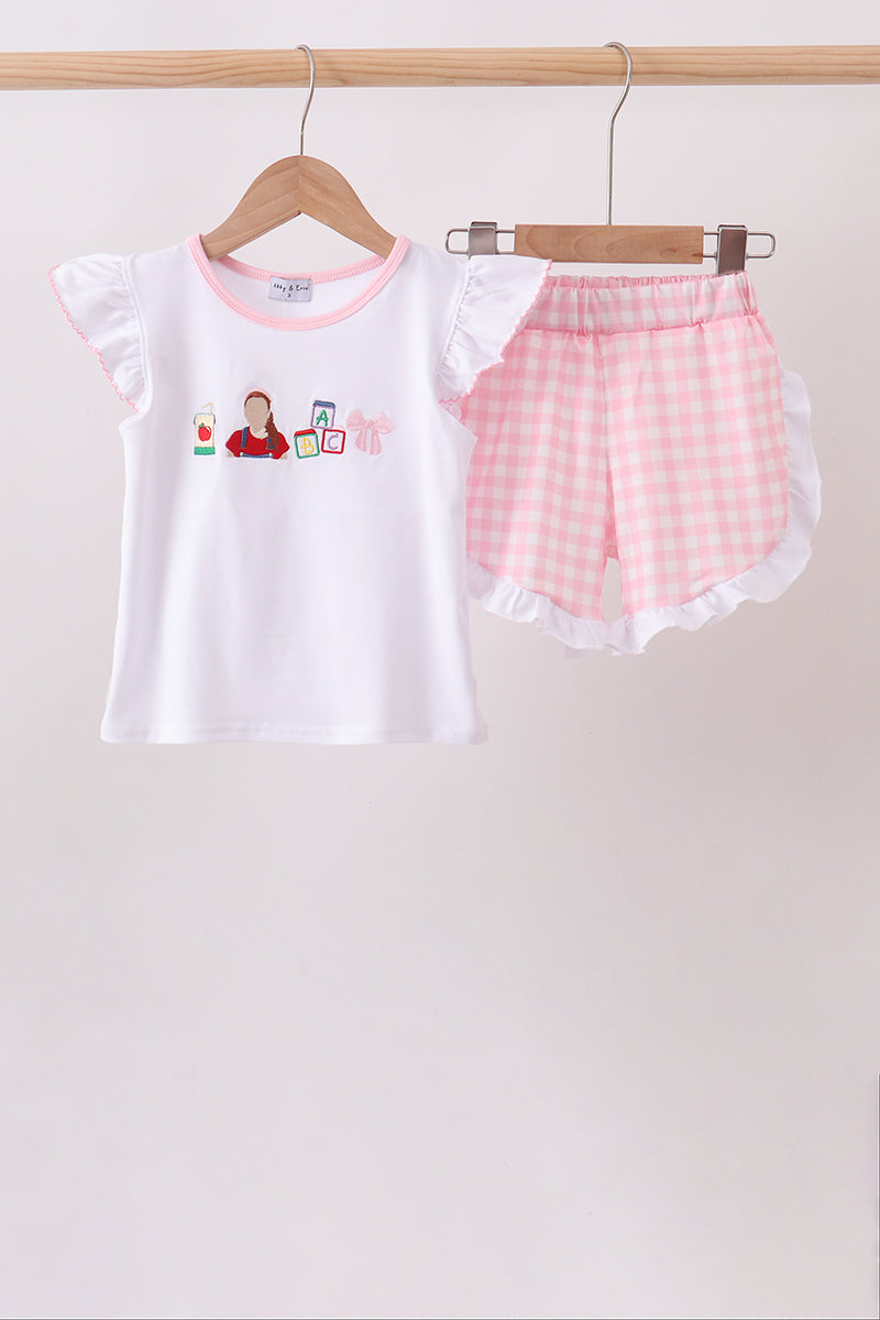 Pink Pencil Abc Embroidery Gingham Ruffle Shorts Set