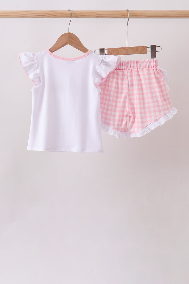 Pink Pencil Abc Embroidery Gingham Ruffle Shorts Set