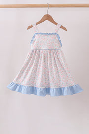 Blue Floral Print Ruffle Dress