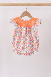 Coral Jesus Loves Me Embroidered Floral Bubble