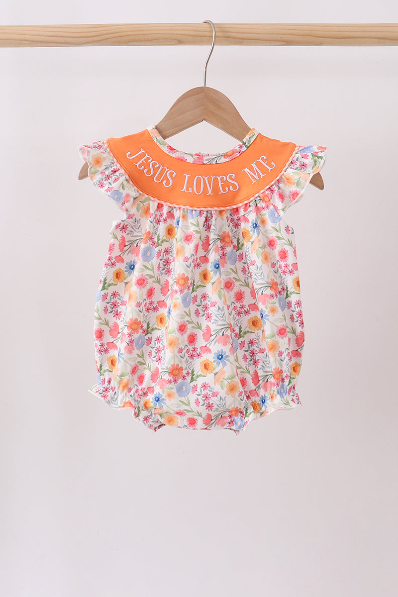 Coral Jesus Loves Me Embroidered Floral Bubble