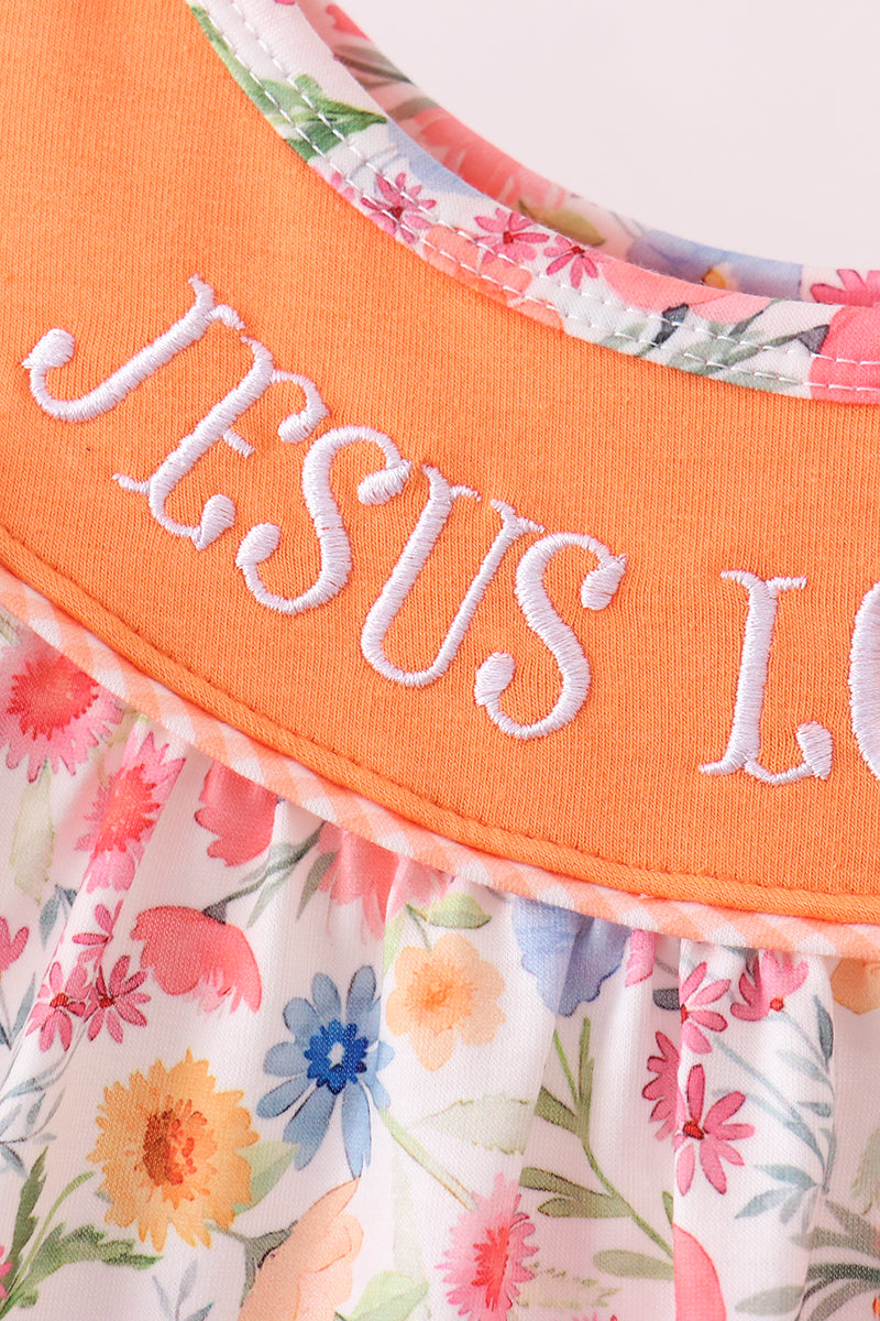 Coral Jesus Loves Me Embroidered Floral Bubble