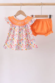 Coral Jesus Loves Me Embroidered Floral Bloomer Set