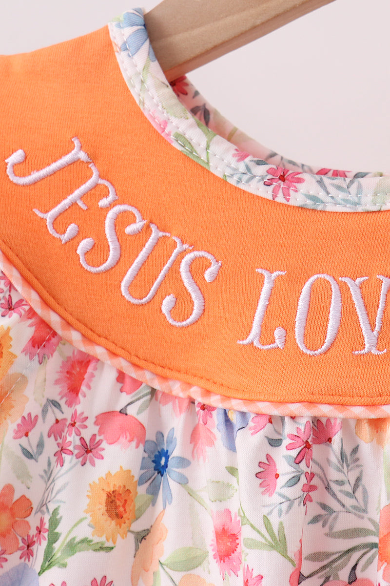 Coral Jesus Loves Me Embroidered Floral Bloomer Set