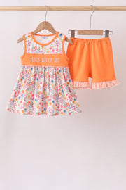 Coral Jesus Loves Me Embroidered Floral Shorts Set