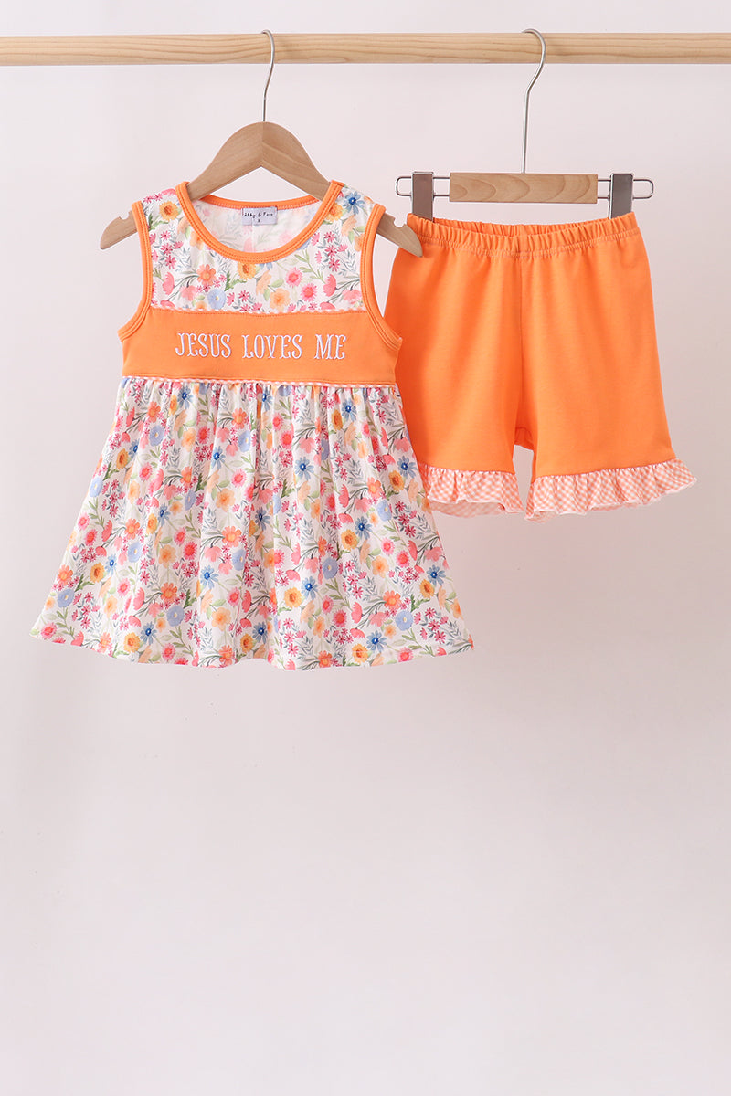 Coral Jesus Loves Me Embroidered Floral Shorts Set