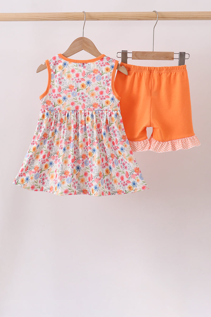 Coral Jesus Loves Me Embroidered Floral Shorts Set