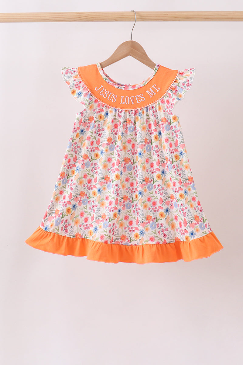 Coral Jesus Loves Me Embroidered Floral Ruffle Dress