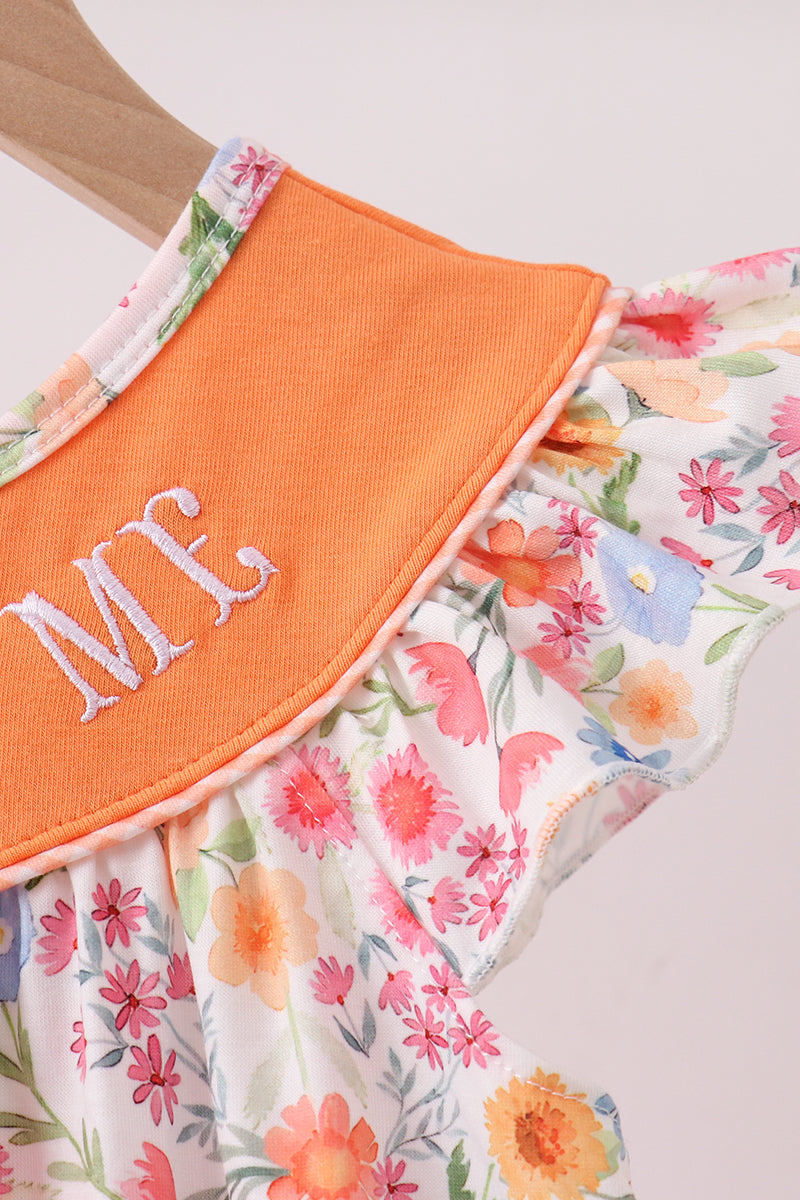 Coral Jesus Loves Me Embroidered Floral Ruffle Dress