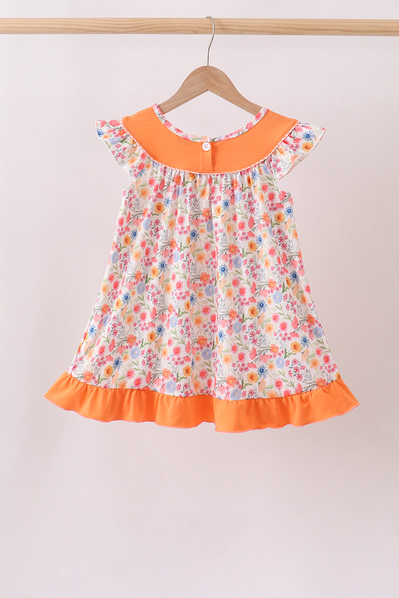 Coral Jesus Loves Me Embroidered Floral Ruffle Dress