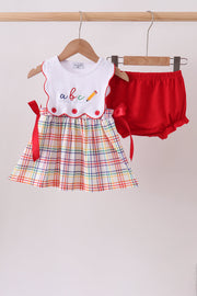 Red Abc Embroidered Plaid Bloomer Set