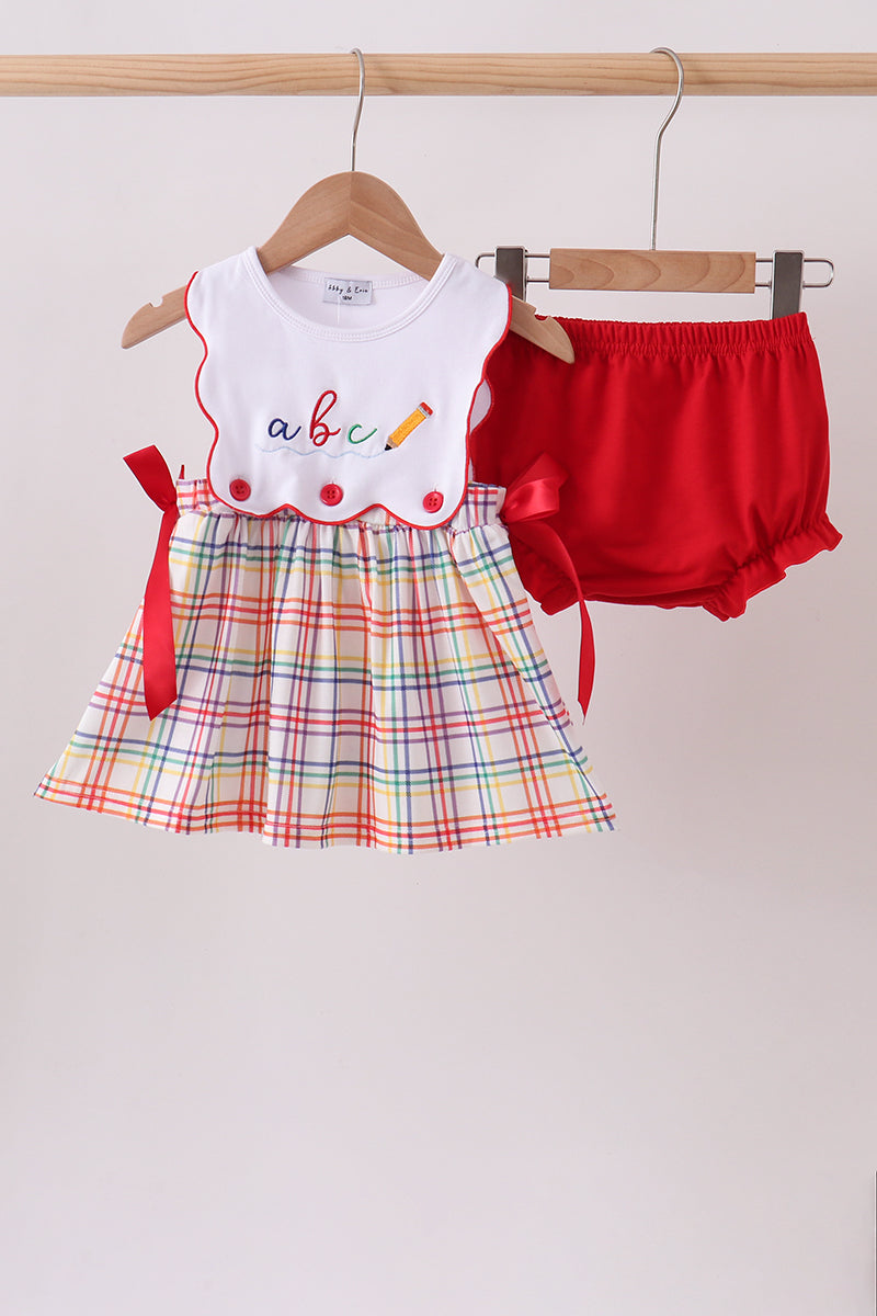 Red Abc Embroidered Plaid Bloomer Set