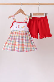Red Abc Embroidered Plaid Set