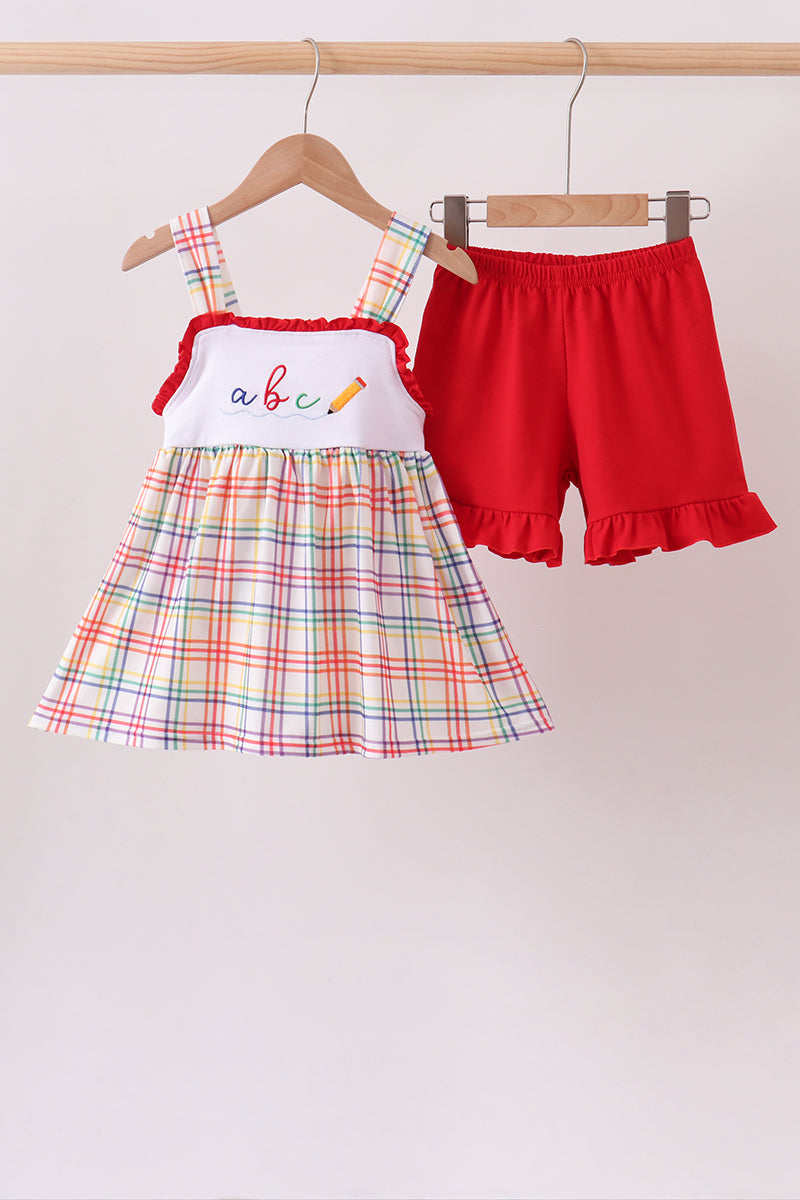Red Abc Embroidered Plaid Set