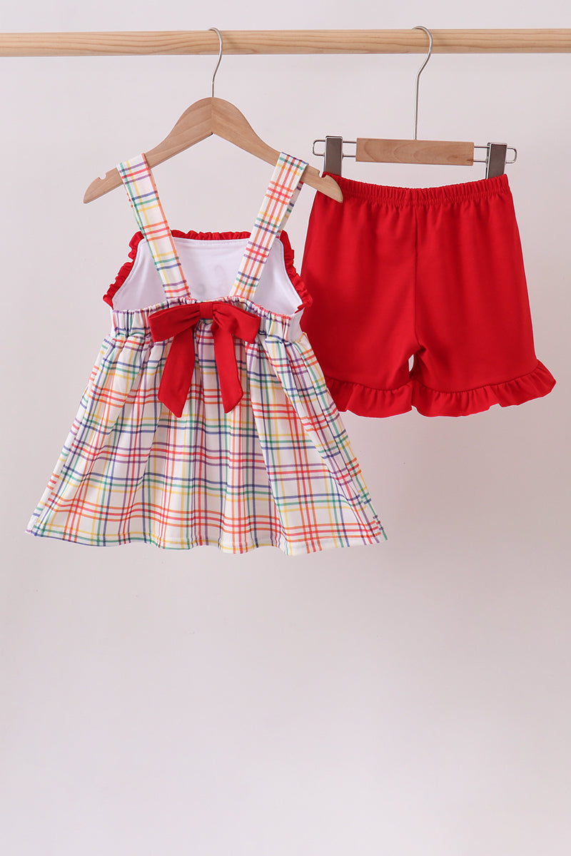 Red Abc Embroidered Plaid Set