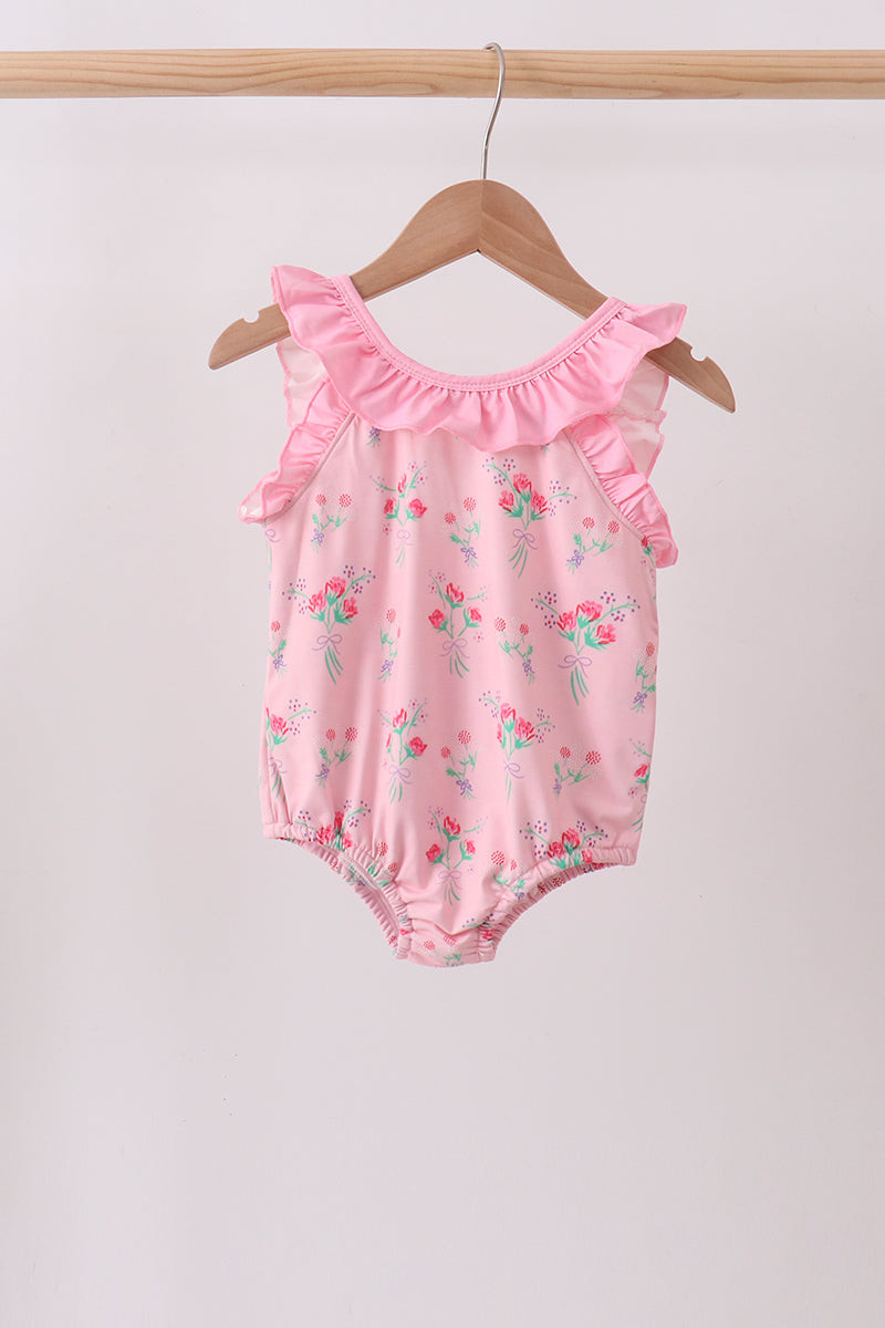 Pink Floral Ruffle One-piece Swimsuit