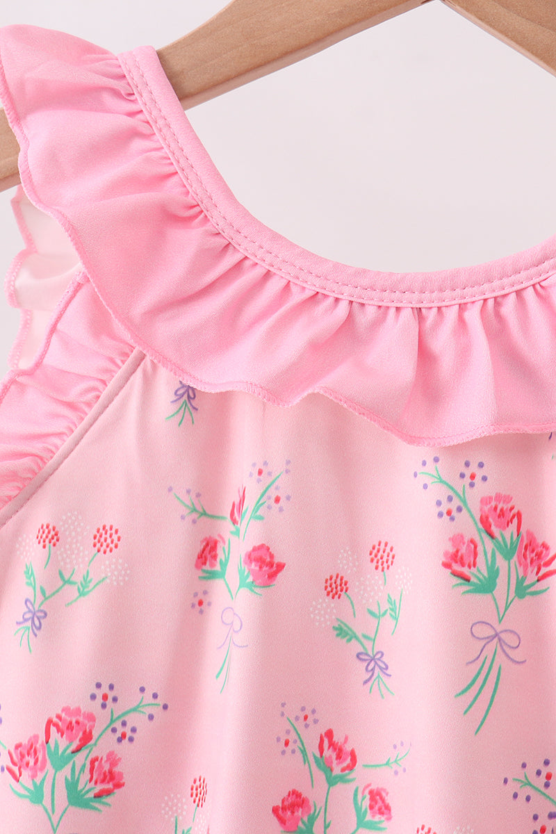 Pink Floral Ruffle One-piece Swimsuit
