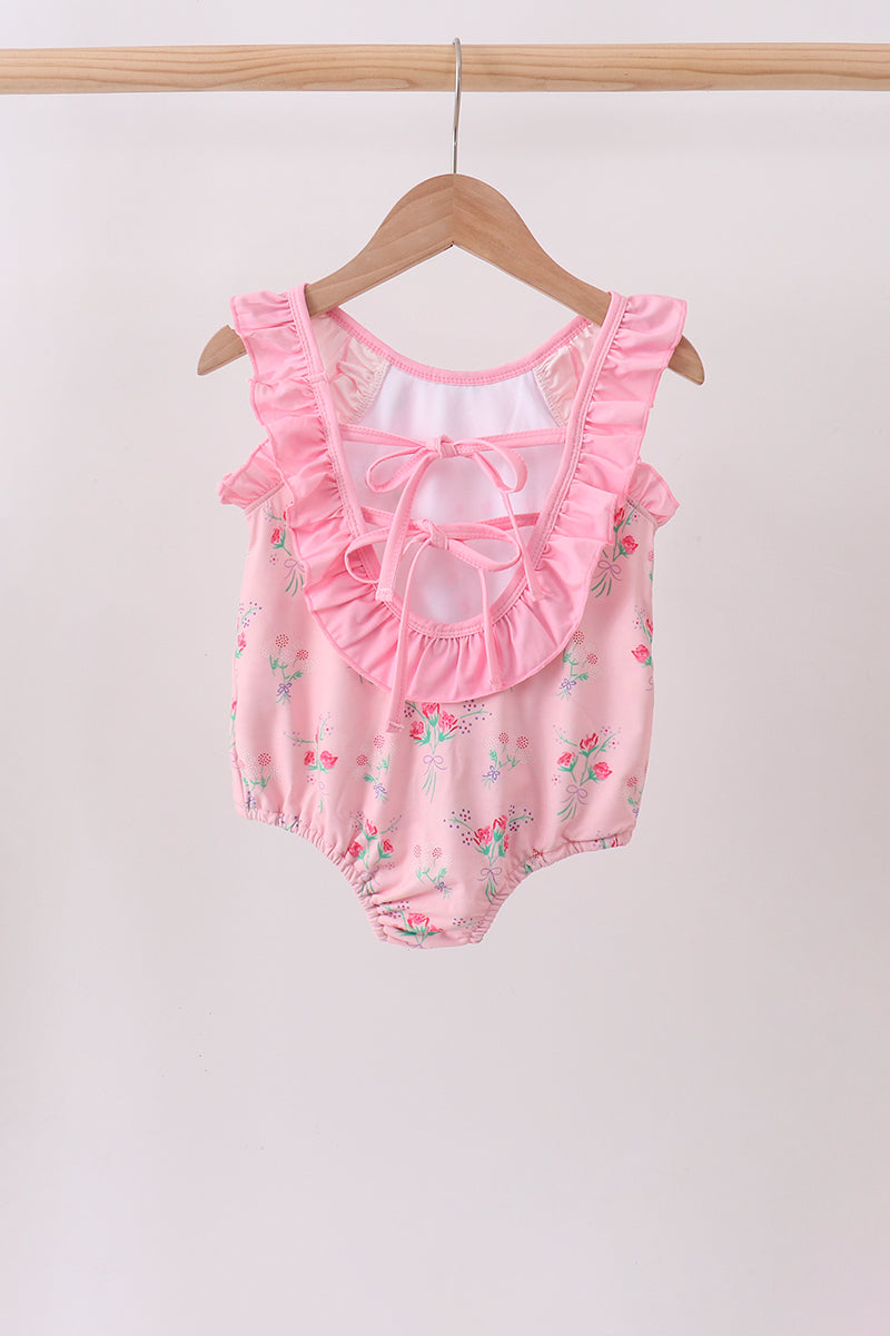 Pink Floral Ruffle One-piece Swimsuit