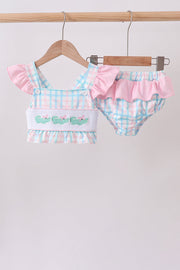 Pink Crocodile Smocked Gingham 2pc Swimsuit