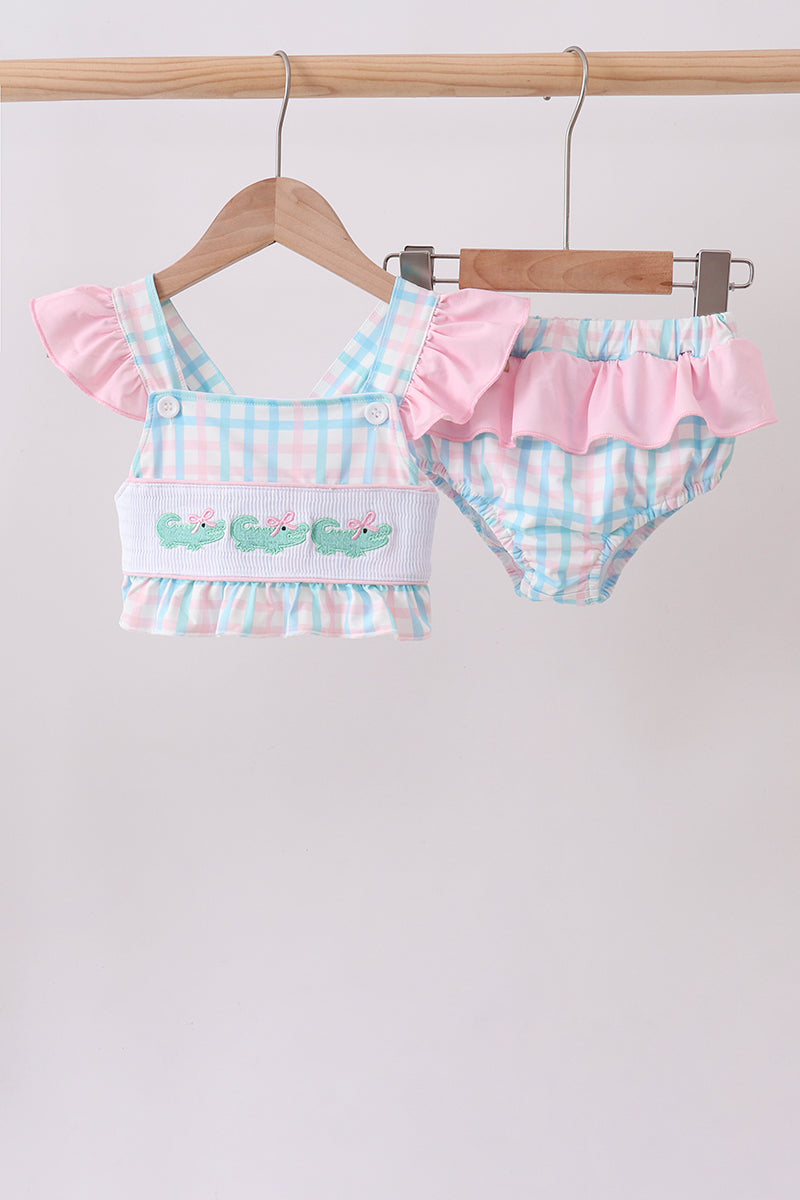 Pink Crocodile Smocked Gingham 2pc Swimsuit
