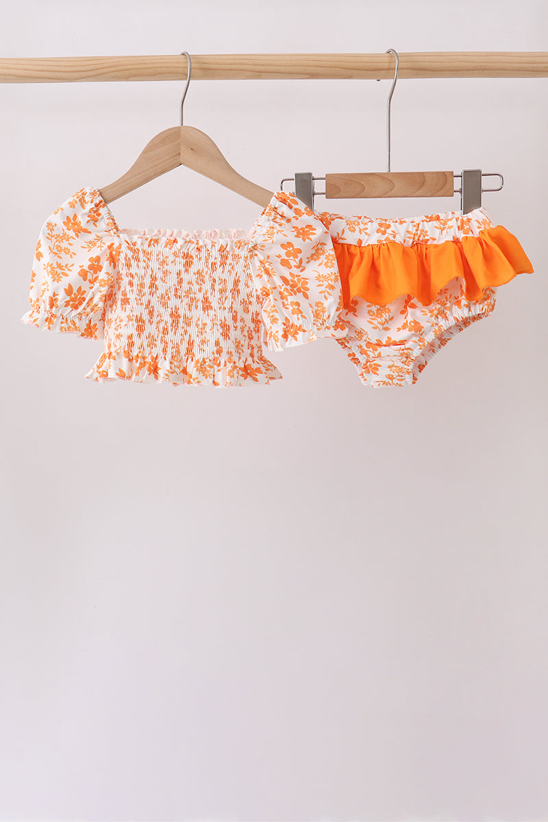 Orange Floral Smocked 2pc Ruffle Swimsuit