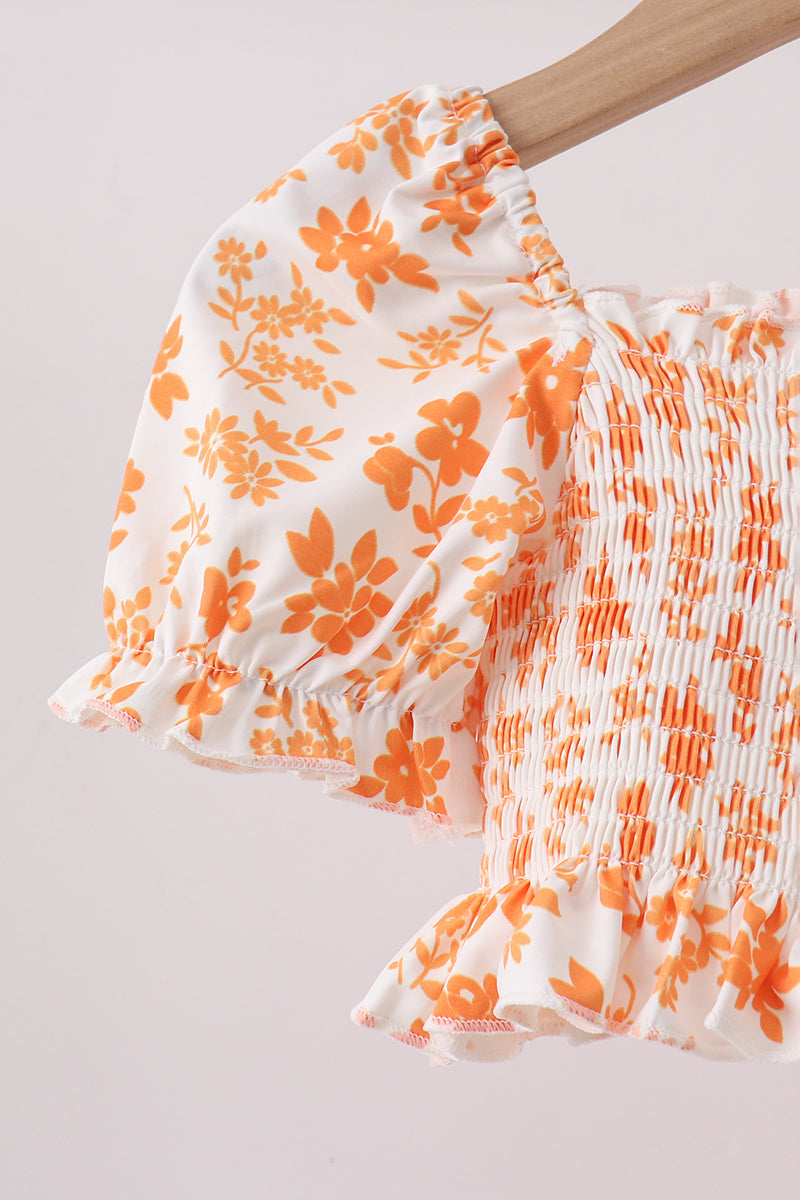 Orange Floral Smocked 2pc Ruffle Swimsuit