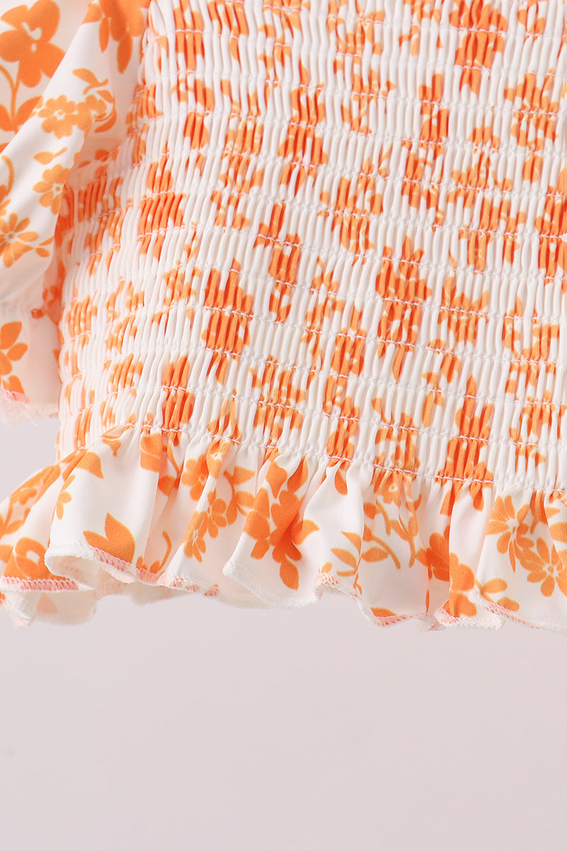 Orange Floral Smocked 2pc Ruffle Swimsuit