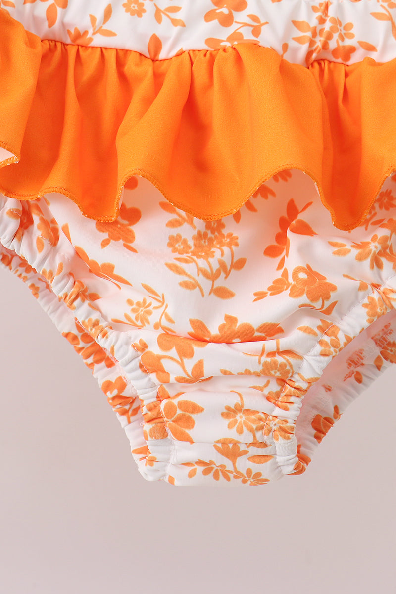 Orange Floral Smocked 2pc Ruffle Swimsuit