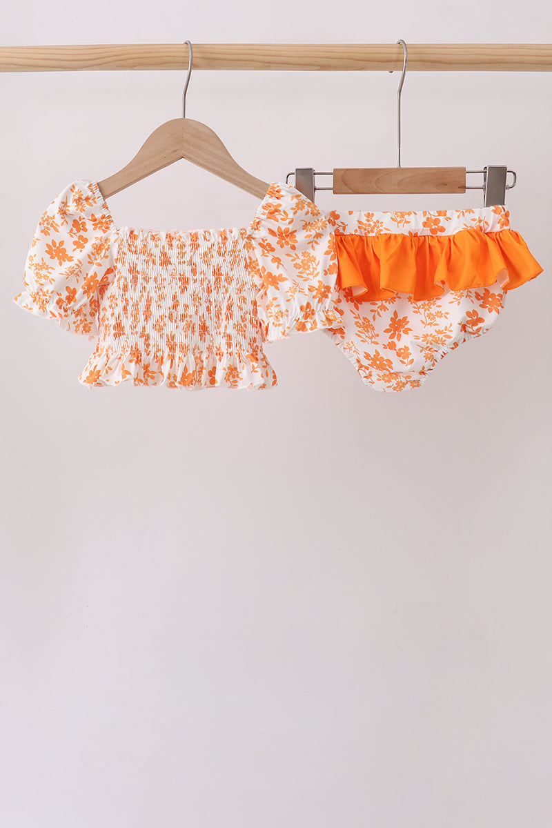 Orange Floral Smocked 2pc Ruffle Swimsuit