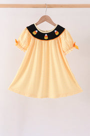 Mustard Candy Embroidery Gingham Dress