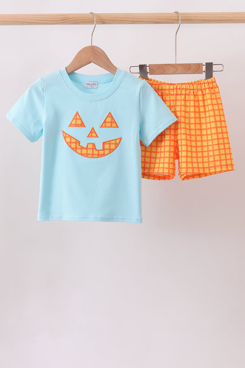 Blue Jack-o-lantern Applique Gingham Shorts Set