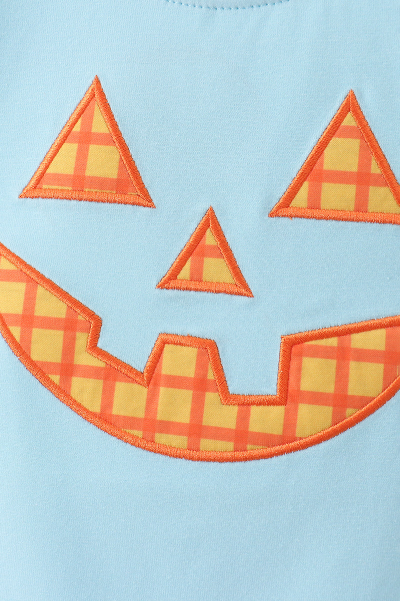 Blue Jack-o-lantern Applique Gingham Shorts Set