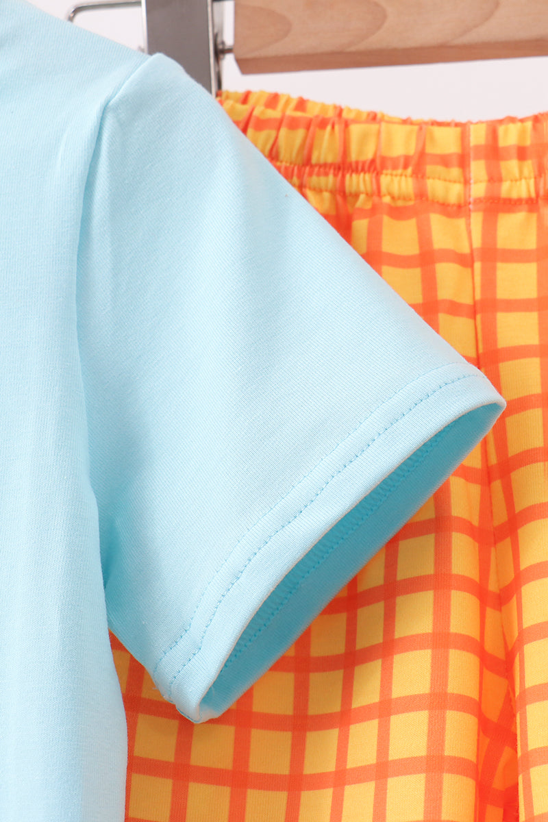 Blue Jack-o-lantern Applique Gingham Shorts Set
