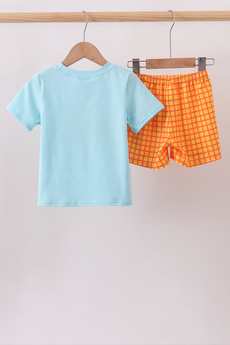 Blue Jack-o-lantern Applique Gingham Shorts Set