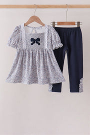 Navy Floral Bow Smocked Pants Set
