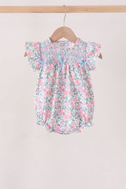 Blue Floral Smocked Ruffle Bubble