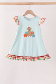 Blue Puppy Pumpkin Embroidery Gingham Ruffle Dress