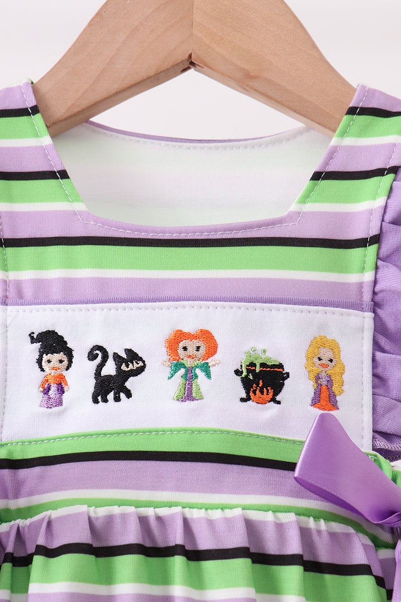 Purple Witch Embroidery Stripe Ruffle Bubble