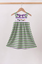 Purple Witch Embroidery Bow Stripe Dress