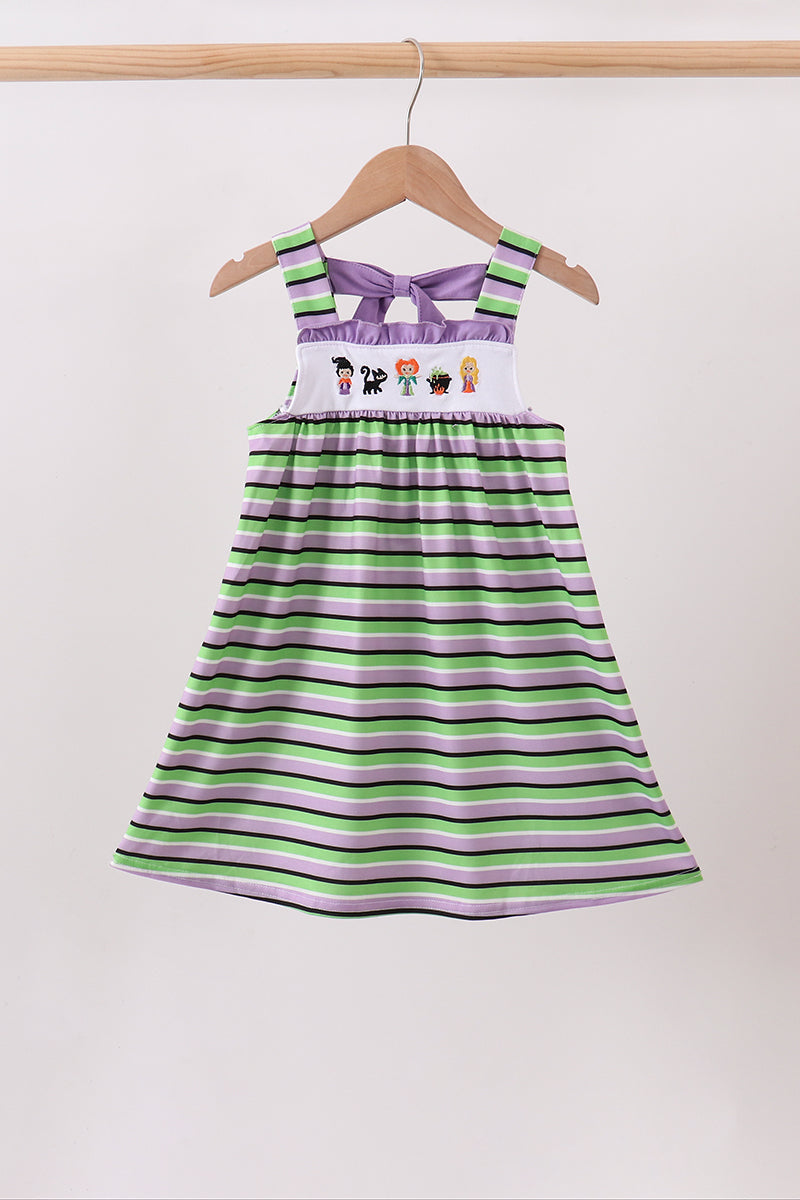 Purple Witch Embroidery Bow Stripe Dress