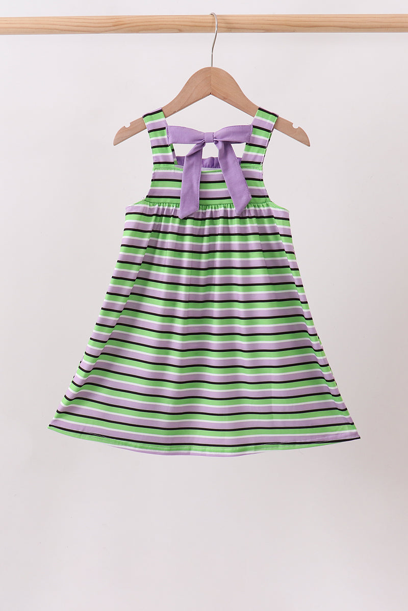 Purple Witch Embroidery Bow Stripe Dress