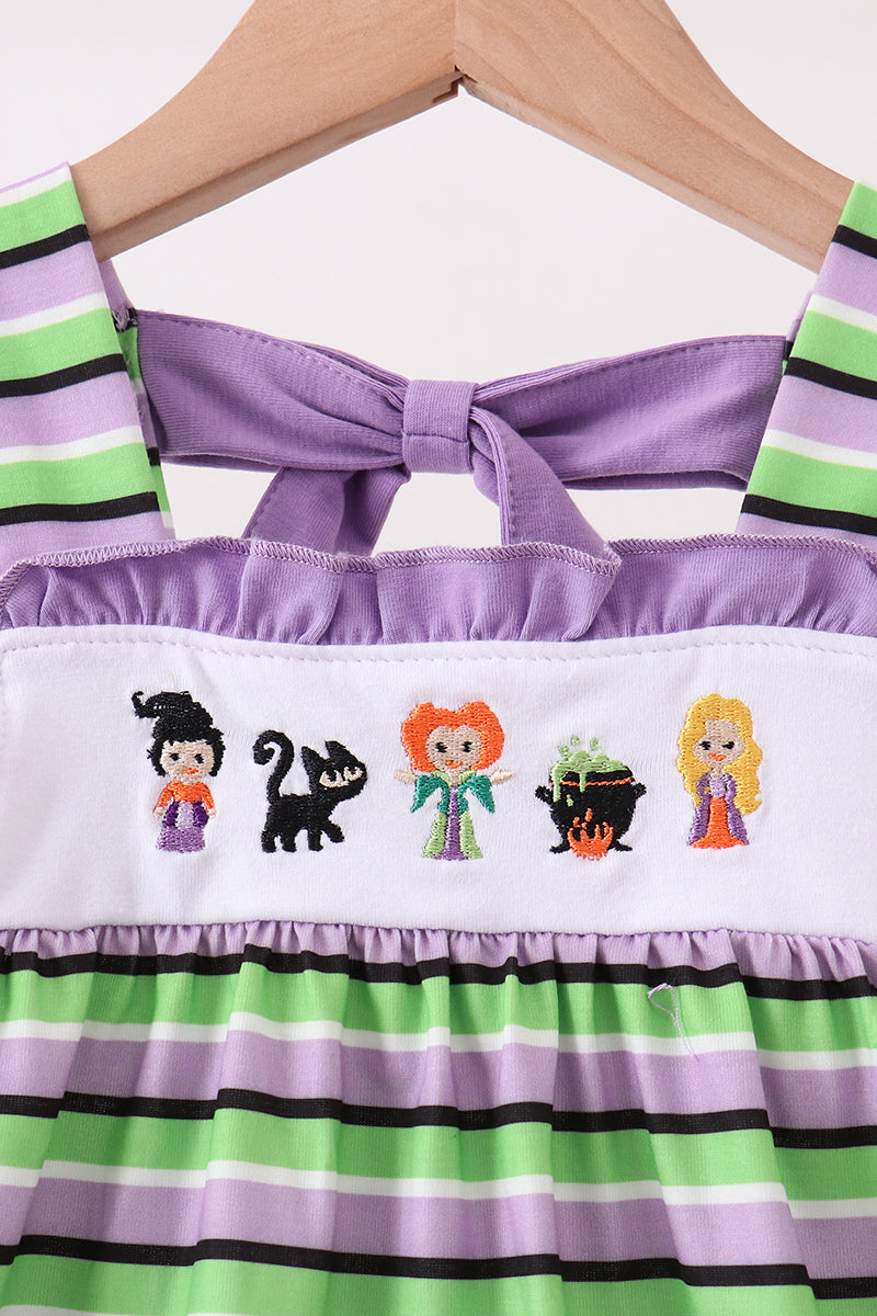 Purple Witch Embroidery Bow Stripe Dress