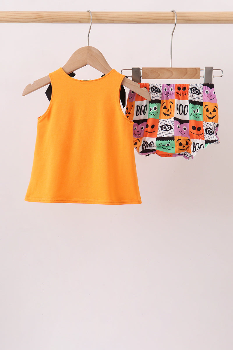 Orange Jack-o-lantern  Applique Bow Bloomer Set