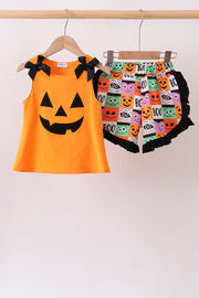 Orange Jack-o-lantern  Applique Ruffle Shorts Set